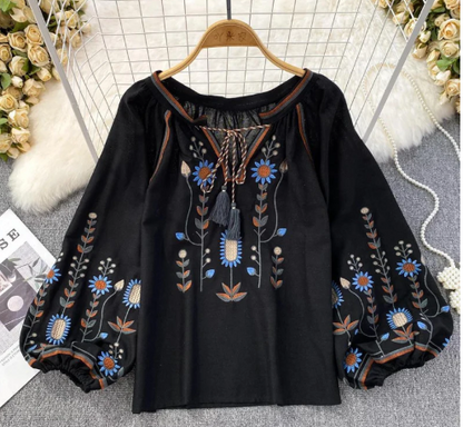 Embroidered Lantern-Sleeve Blouse