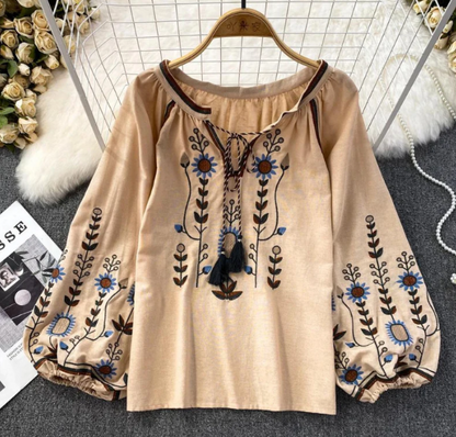 Embroidered Lantern-Sleeve Blouse