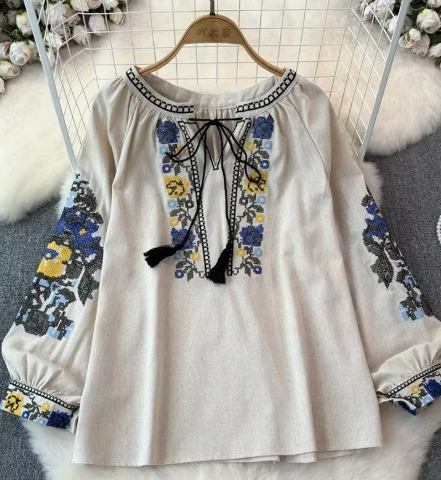 Embroidered Lantern-Sleeve Blouse
