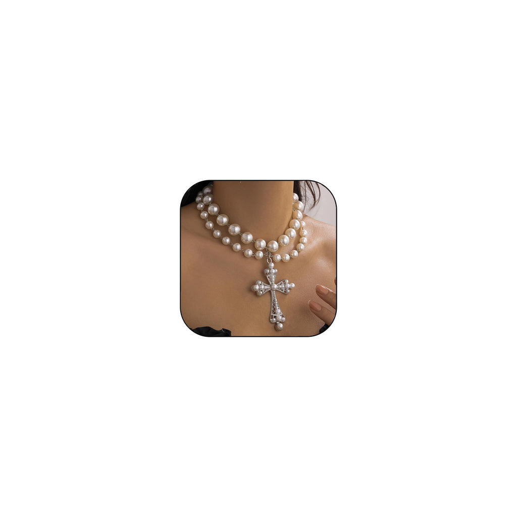 Silver Pearl Cross Necklace