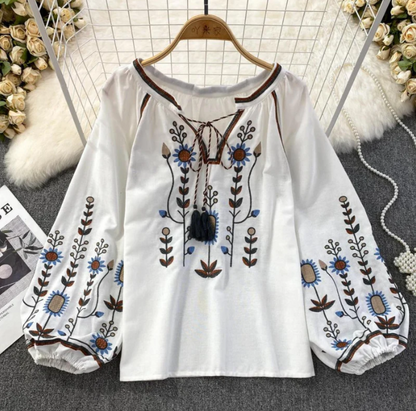 Embroidered Lantern-Sleeve Blouse