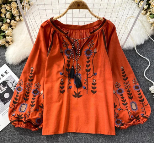Embroidered Lantern-Sleeve Blouse